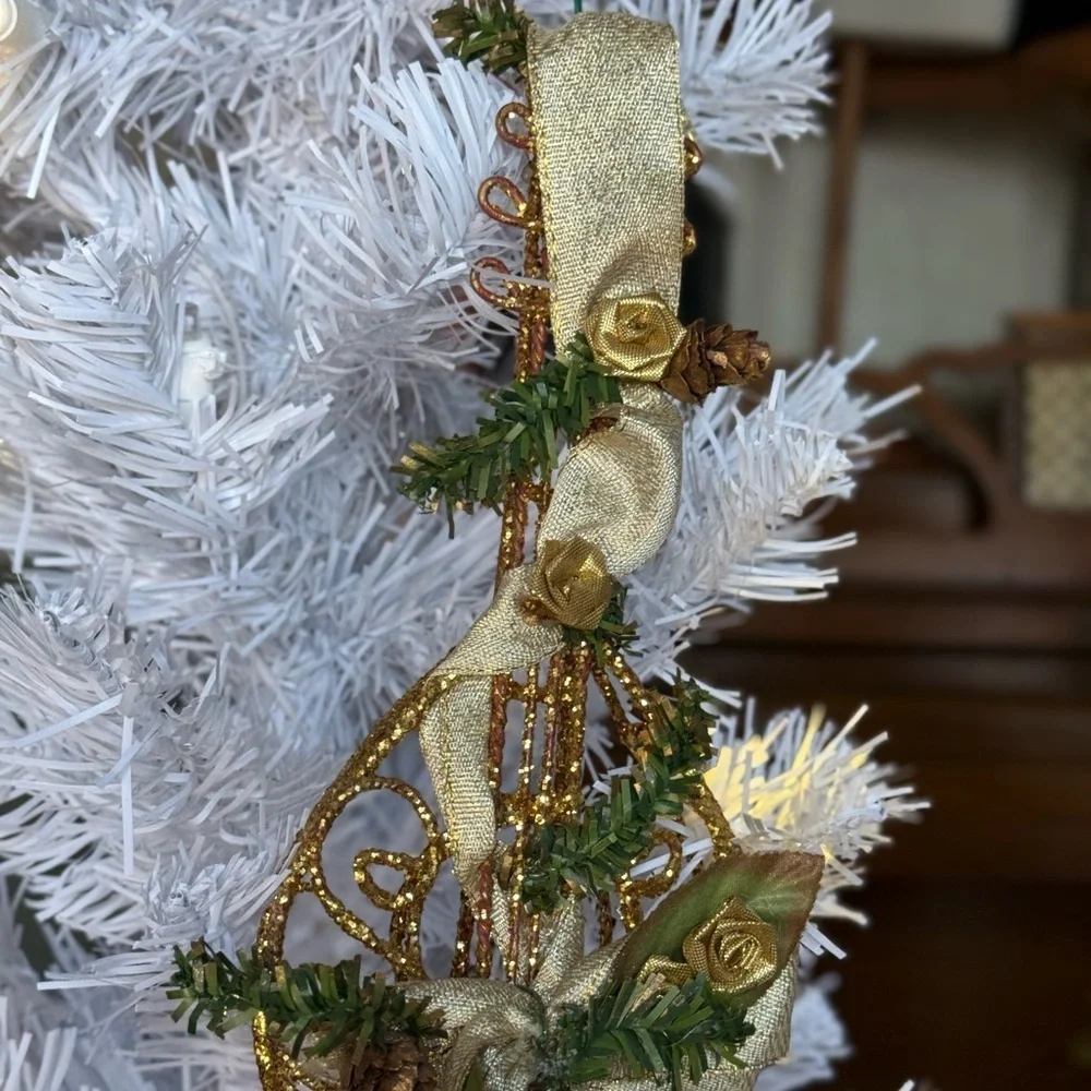 Rare Vintage 1975 Gold Guitar Holiday Ornament with Green Accents